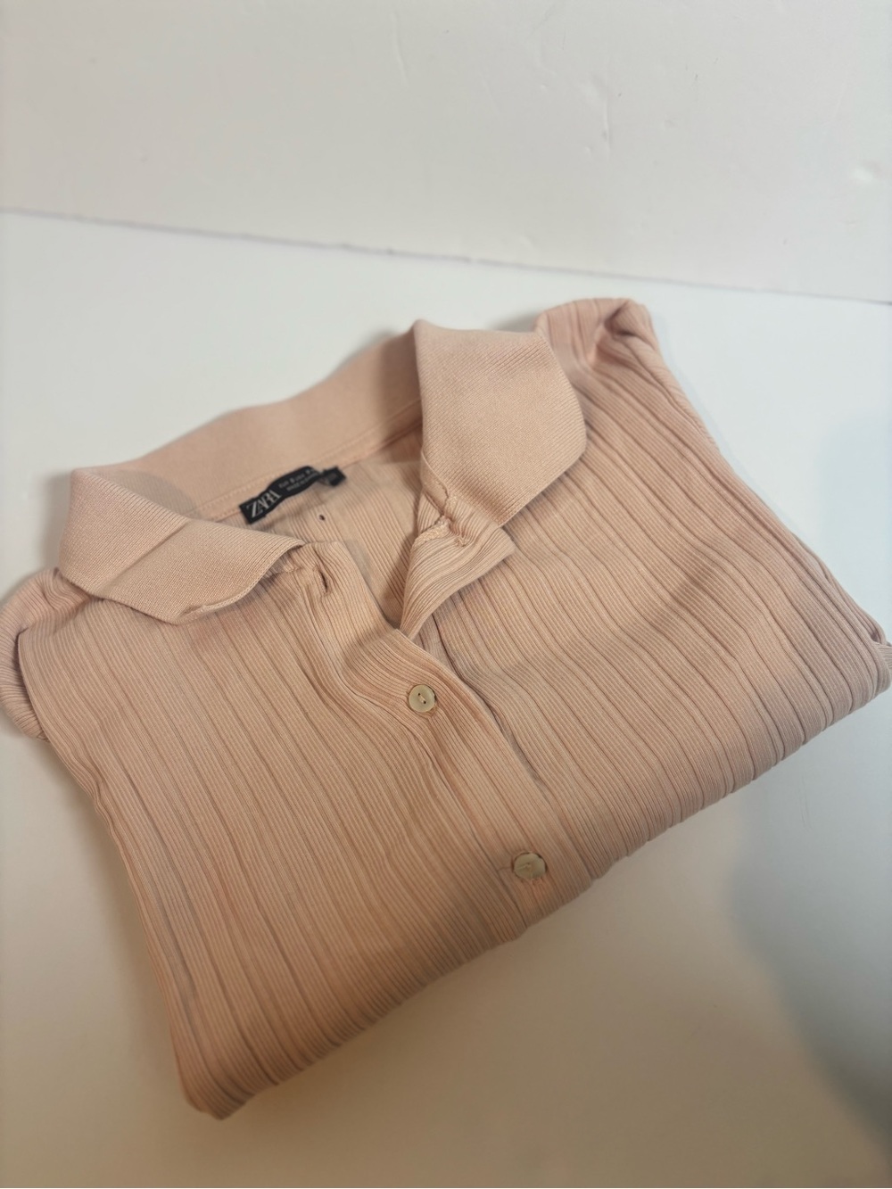 Zara Blush Pink Ribbed button up Polo Crop Top